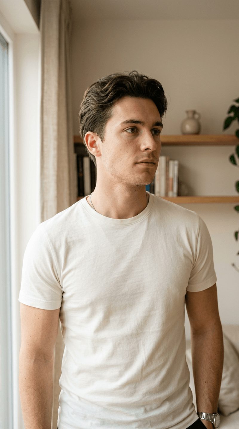A man wearing an off-white tee in his palette's soft neutrals