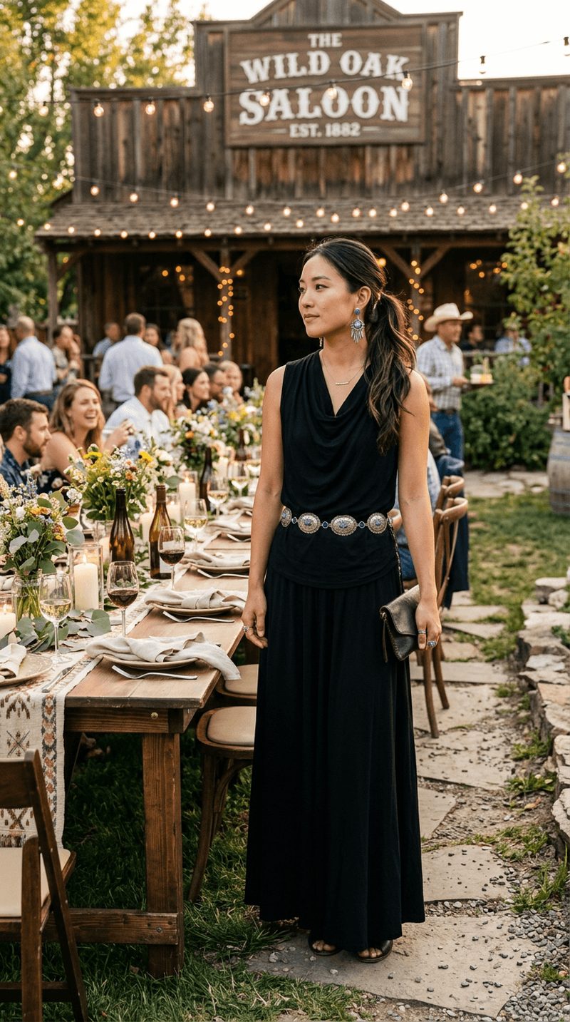 A woman at an outdoor wedding in a black dress with silver accents