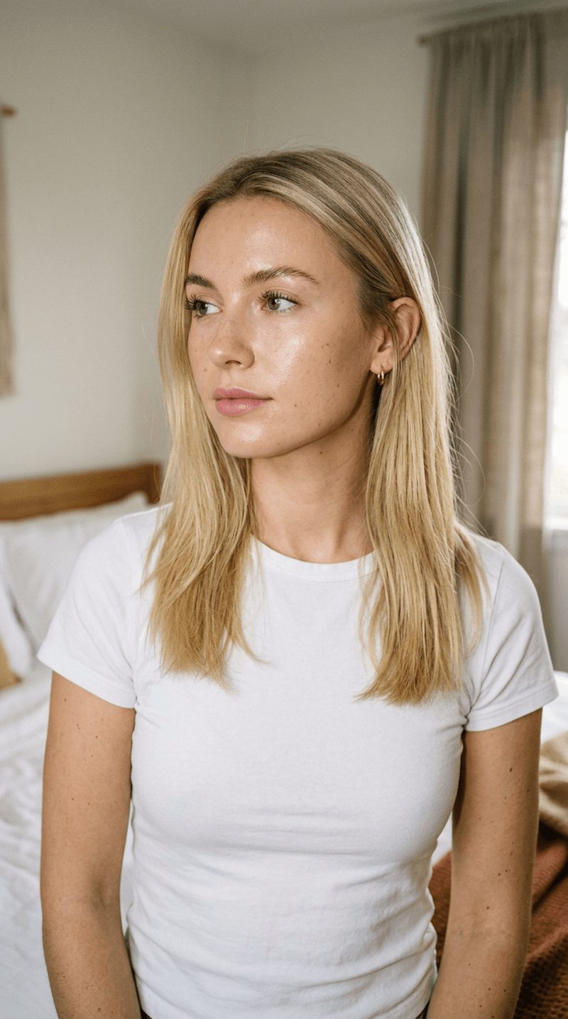 A woman in a white tee in soft daylight