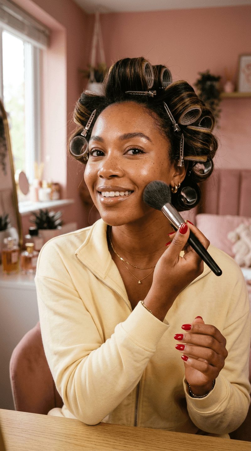A woman doing her makeup at a dressing table